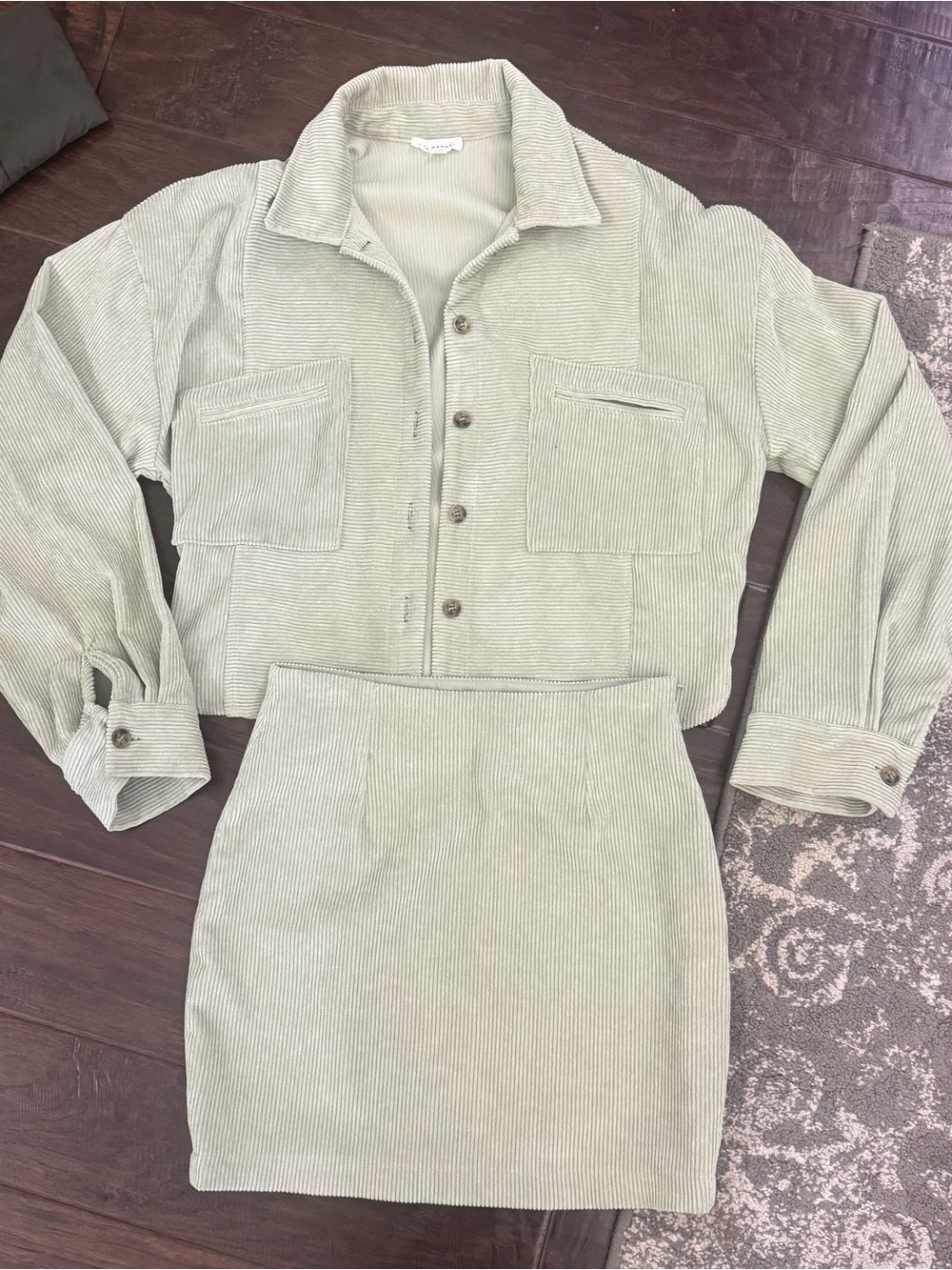 Blu Pepper Sage Green Corduroy Jacket and Skirt Set